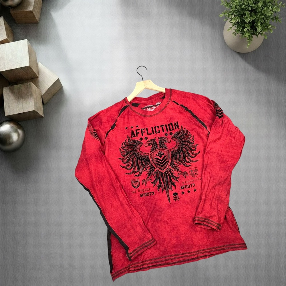 Affliction Mens Large Red Long Sleeve Thermal Shirt Double Eagle Graphic Y2K MMA